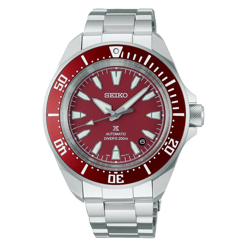 Montre de plongée Seiko 2094869 à cadran rouge, fond blanc, boîtier angulaire en acier inoxydable et