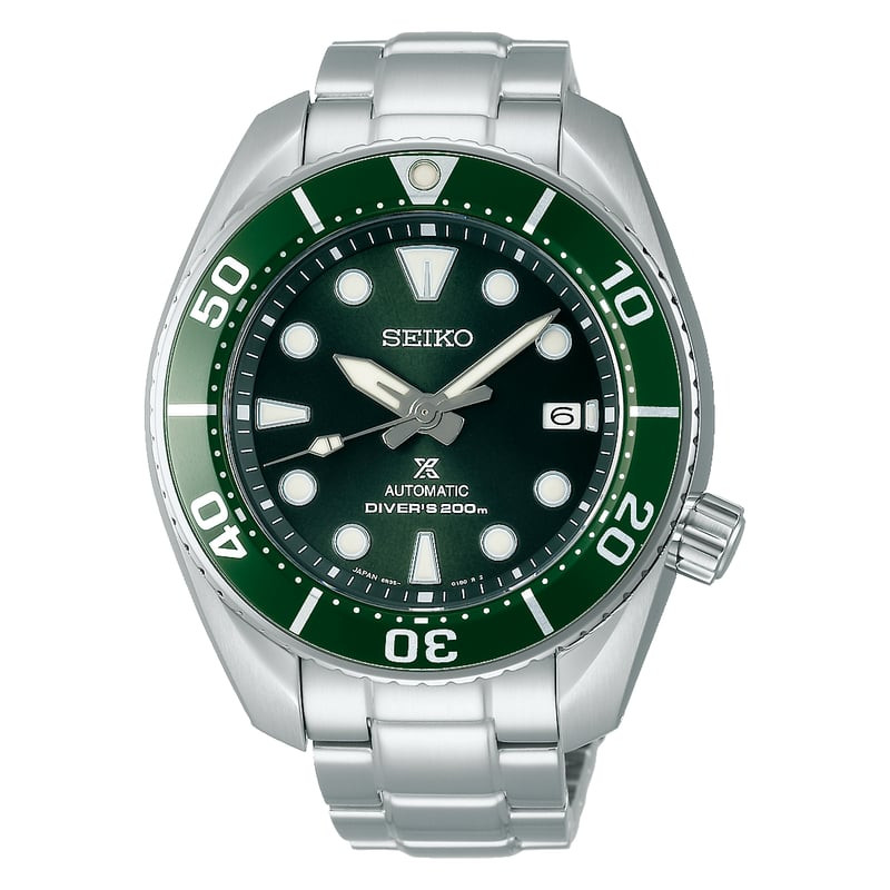 Montre de plongée Seiko Prospex SPB103J1 Sumo vue de face avec cadran vert ensoleillé et bracelet ac