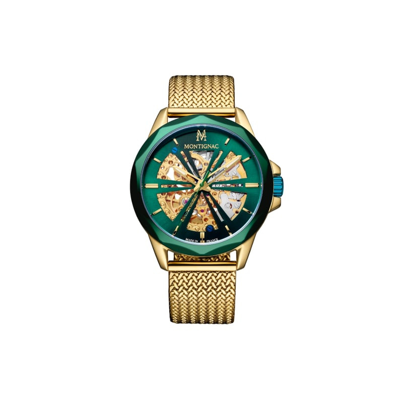 Packshot de la montre automatique homme Montignac 2094853, boîtier acier doré, cadran et lunette ver