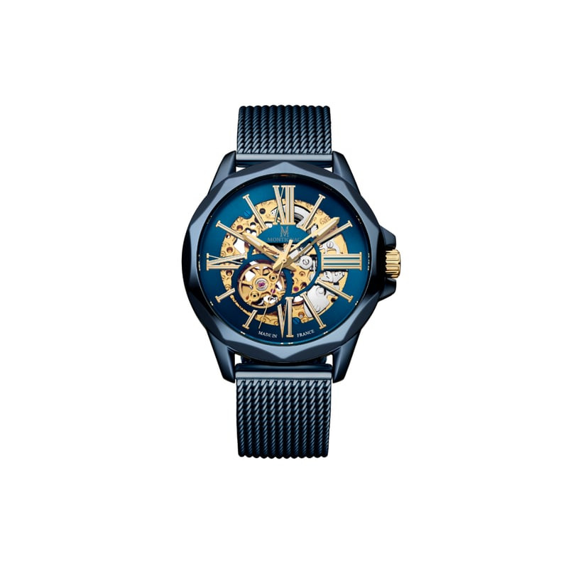 Montre automatique Montignac MOW1206 en acier bleu avec cadran squelette et bracelet milanais
