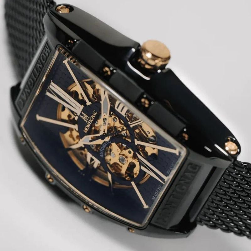 Détail du cadran et du boîtier de la Montre Automatique MONTIGNAC Collection Paladin Bracelet acier 