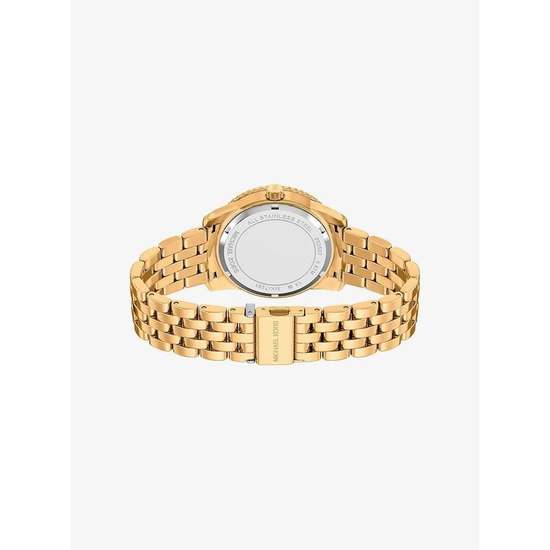 Vue trois-quarts de la montre Michael Kors Bryant Pavé : détails du cadran brun et index en cristal 