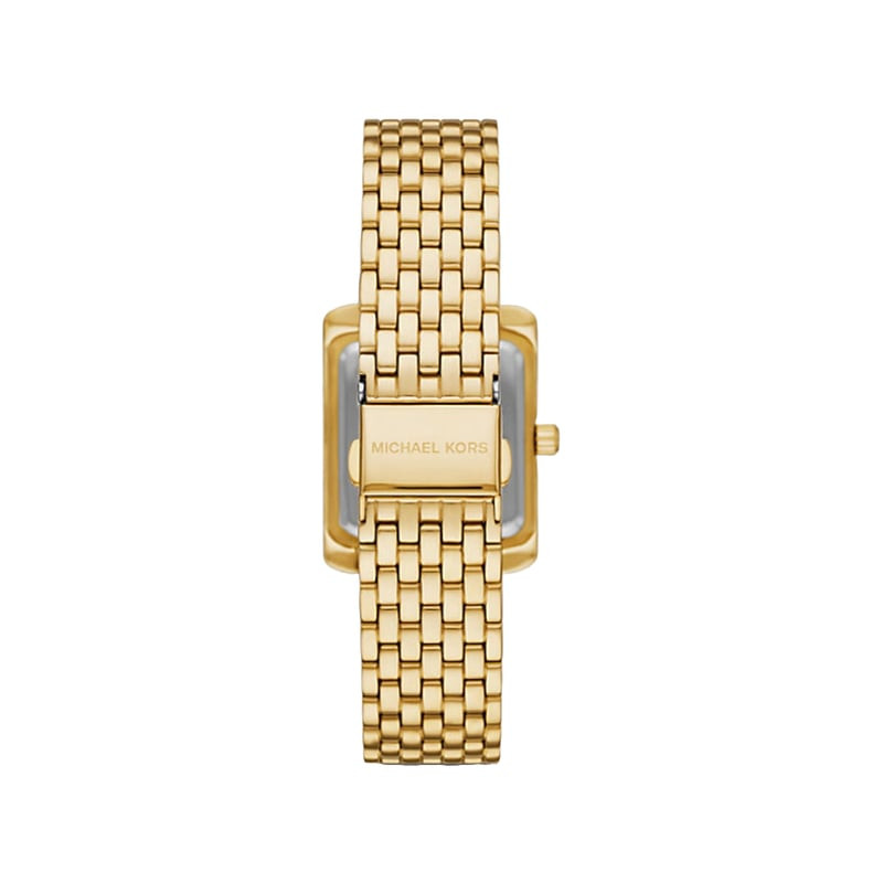 Packshot de la montre analogique Michael Kors Collection Emery, bracelet en acier doré, cadran vert.
