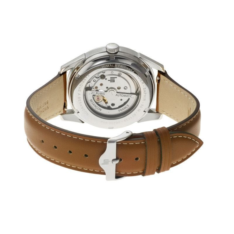 Montre automatique LIP Himalaya 40 Cœur Battant bracelet en cuir de vachette camel en packshot.