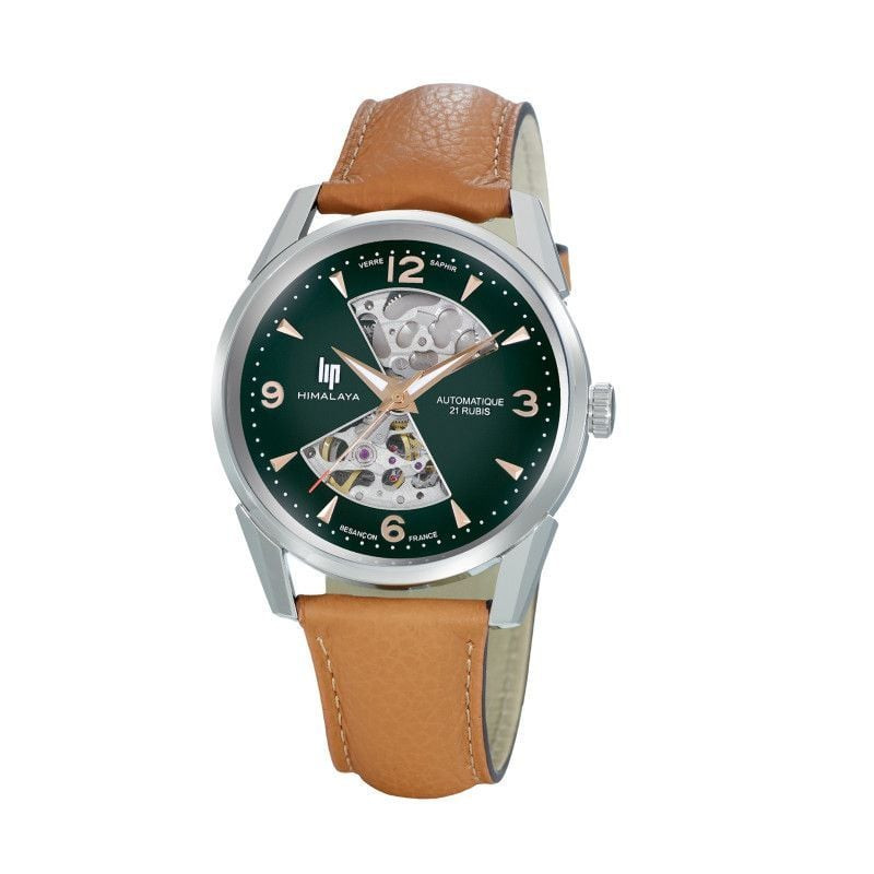 Montre automatique LIP Himalaya avec cadran squelette aux tons chauds, découpe en sablier et boîtier