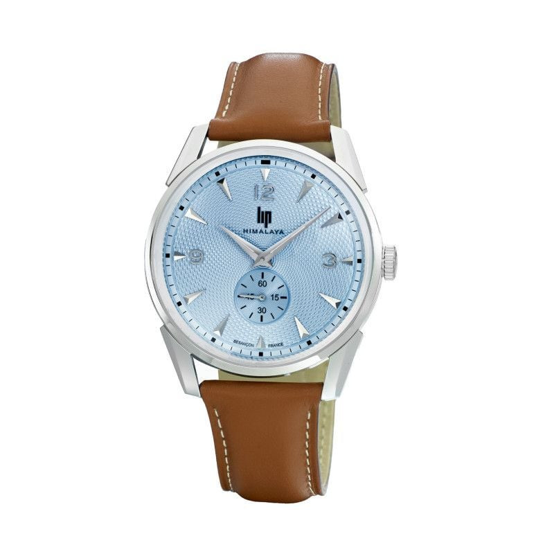 Montre homme LIP Himalaya 40 mm à cadran guilloché bleu ciel et bracelet en cuir camel sur fond blan