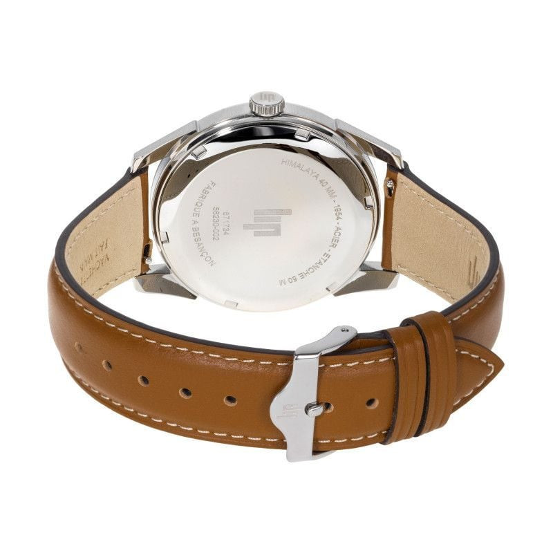 Détail du boîtier et de la couronne de la montre LIP Himalaya 40 mm, en acier inoxydable poli et bro