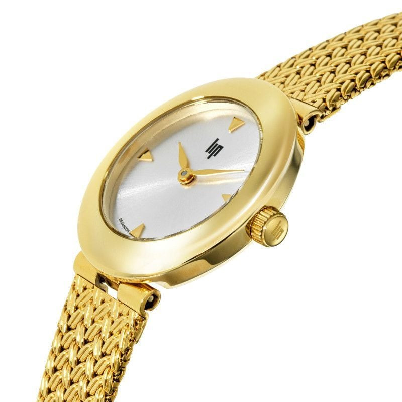 Montre de joaillerie à quartz LIP collection Juliette bracelet maille milanaise dorée en packshot su