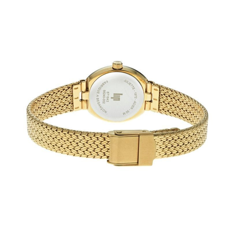 Packshot de la Montre de joaillerie à quartz LIP collection Juliette bracelet maille milanaise dorée
