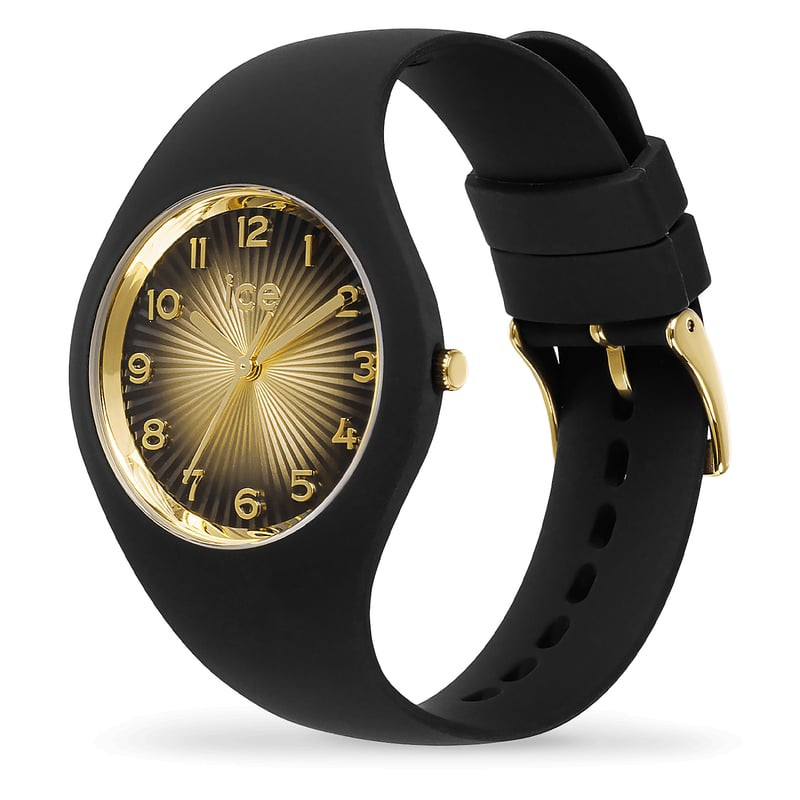 Vue latérale de la montre Ice-Watch 2062326 avec son bracelet noir et son boîtier doré.