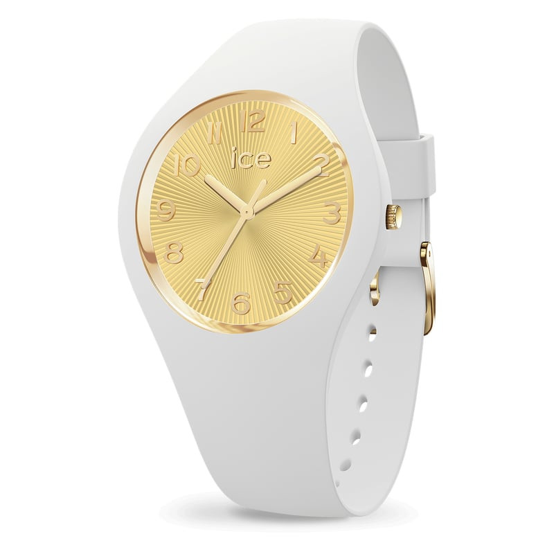 Montre Ice-Watch ICE Champagne Or Blanc 2062324 pour femme, bracelet silicone blanc, cadran doré, vu
