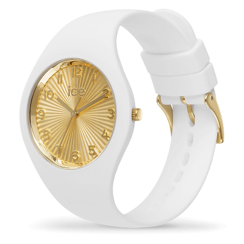 Montre Ice-Watch ICE Champagne Or Blanc de profil sur fond blanc, montrant l'épaisseur du boîtier et