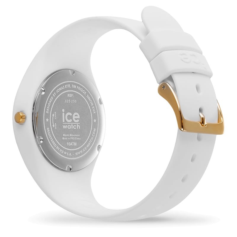 Gros plan du cadran Ice-Watch ICE Champagne Or Blanc 2062324 avec index et aiguilles dorés sur fond 