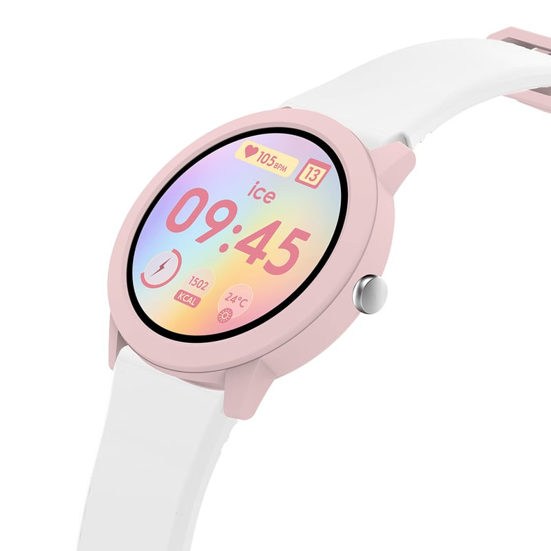 Gros plan sur l'écran de la montre connectée Ice-Watch 2062323 avec un cadran coloré et des icônes i