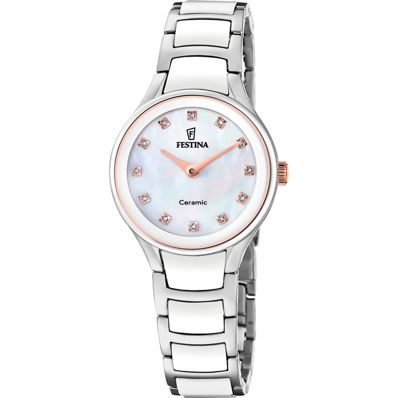 Montre femme Festina 2093487 en céramique avec boîtier rond en acier inoxydable sur fond blanc.