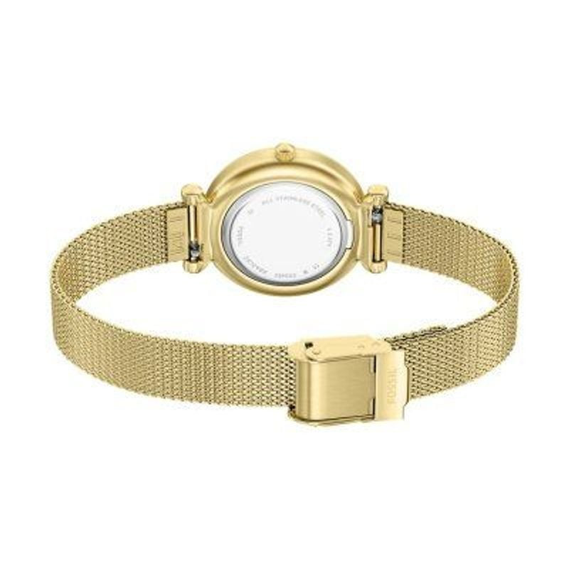 Montre Analogique Fossil Collection Carlie Mini bracelet acier doré, vue rapprochée du cadran nacré 
