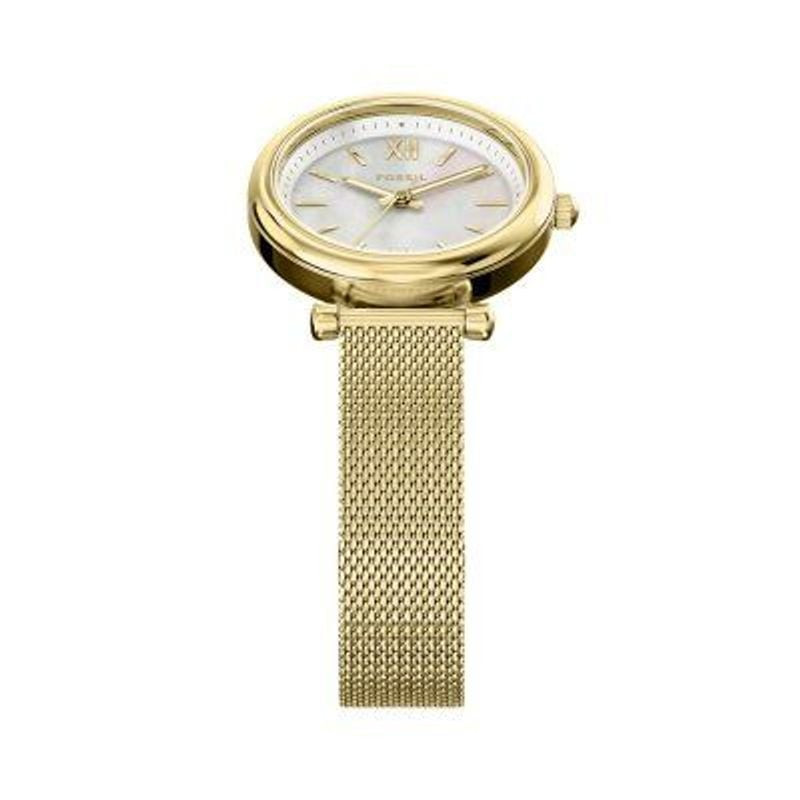 Montre Analogique Fossil Collection Carlie Mini bracelet acier doré - détail du cadran nacré et du b