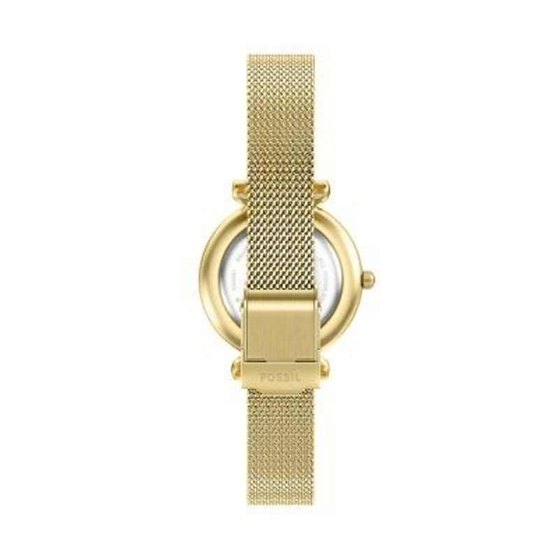 Montre Analogique Fossil Collection Carlie Mini bracelet acier doré, détail du cadran nacré et du br