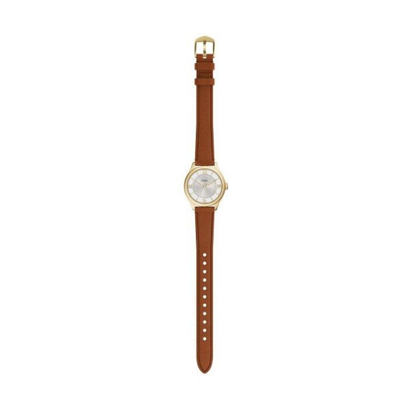 Photo en angle de la montre Fossil Gilmore ES5423 mettant en valeur son profil fin et le côté doré p