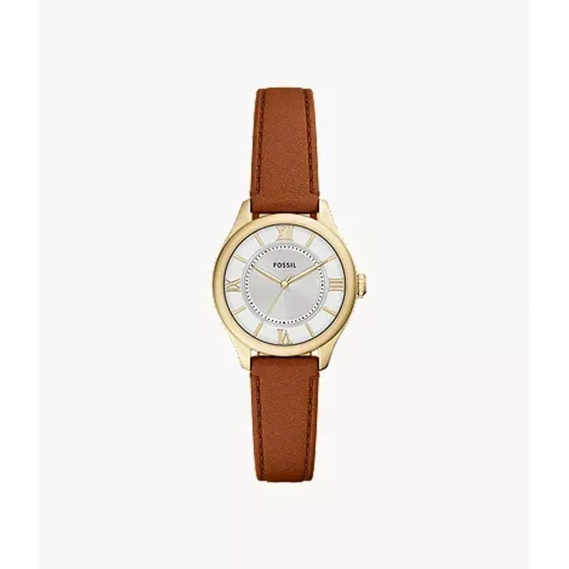 Photo de la montre femme Fossil Gilmore ES5423, boîtier doré, cadran soleillé argenté, bracelet cuir