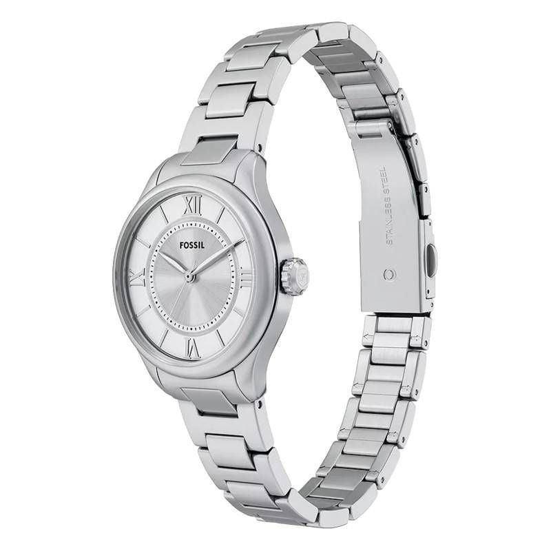 Vue latérale de la montre argentée pour femme Fossil Gilmore ES5419 avec bracelet en acier inoxydabl