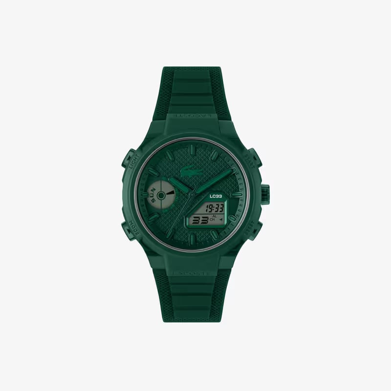 Packshot de la montre hybride LACOSTE LC33 en vert vif avec affichage analogique-numérique et cadran