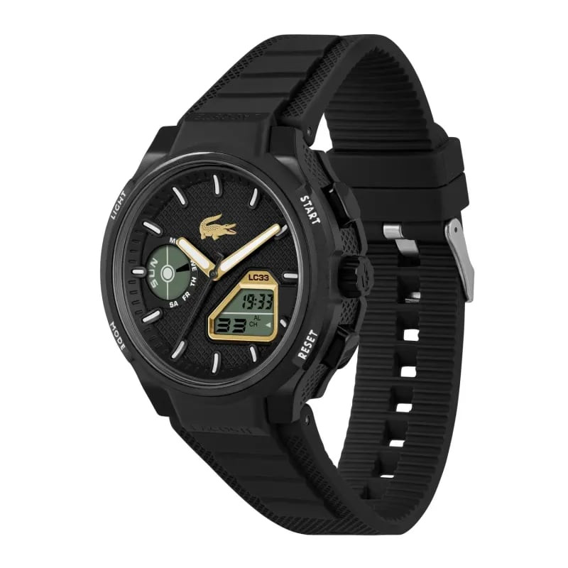 Packshot de la Montre Digitale et Analogique LACOSTE collection LC33 bracelet silicone noir