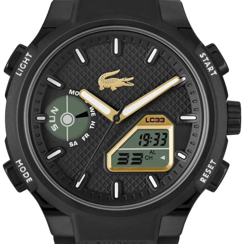 Détail de la Montre Digitale et Analogique LACOSTE collection LC33 bracelet silicone noir