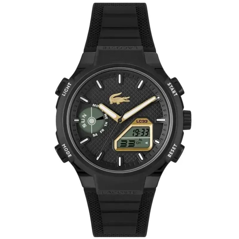 Montre Digitale et Analogique LACOSTE collection LC33 bracelet silicone noir - visuel packshot.
