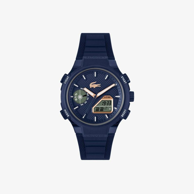 Packshot : Montre Analogique Digitale LACOSTE collection LC33 bracelet Silicone Bleu Marine