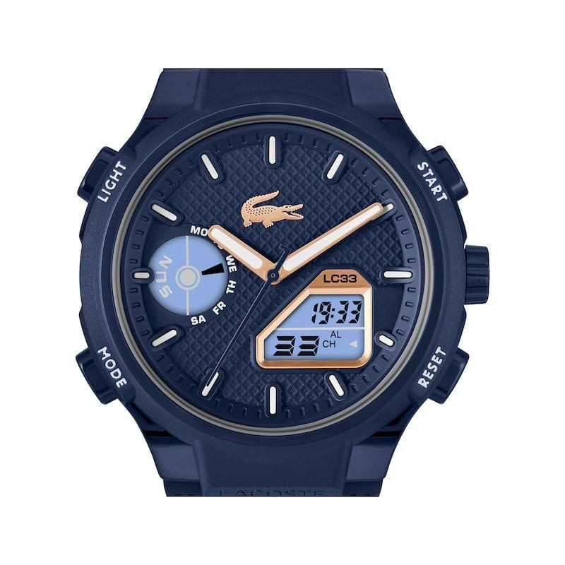 Packshot : Montre Analogique Digitale LACOSTE collection LC33 bracelet Silicone Bleu Marine