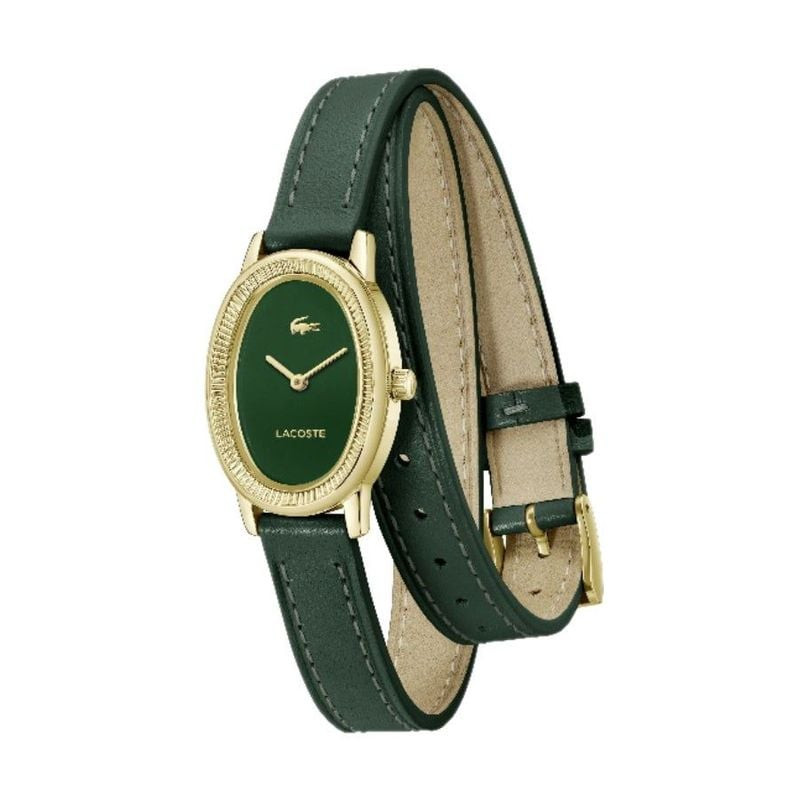 Montre Analogique LACOSTE Collection Parisienne bracelet cuir vert, packshot avec cadran vert et boî