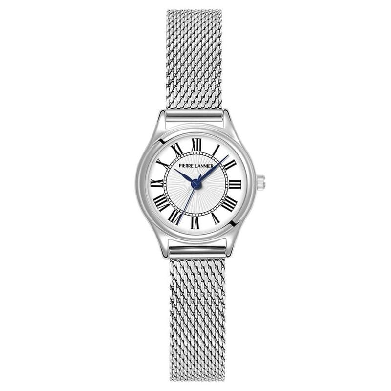 Montre femme Pierre Lannier Pya avec boîtier ovale argenté, cadran blanc à chiffres romains et brace