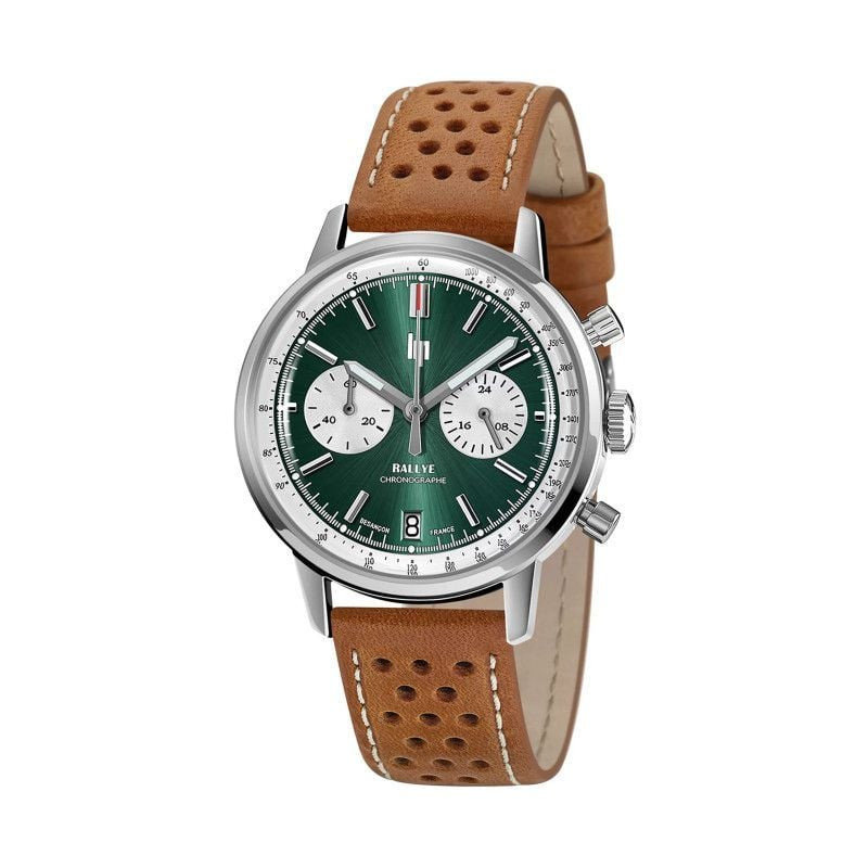Packshot de la Montre Analogique LIP Collection Rallye Chronographe avec bracelet cuir marron.