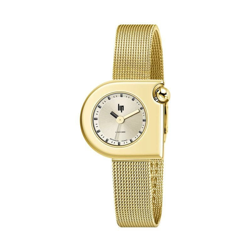 Montre dorée pour femme LIP Mach 2000 Mini Moon 671168 sur fond blanc, boîtier demi-lune élégant et 