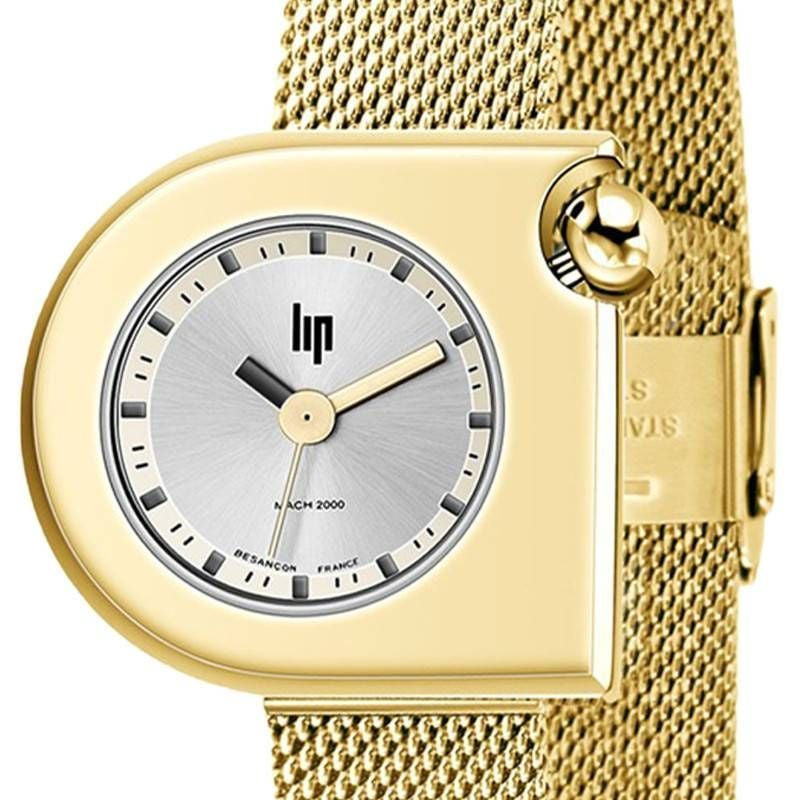 Détail du bracelet en maille milanaise dorée de la montre LIP 2094749, montrant la texture et le fer