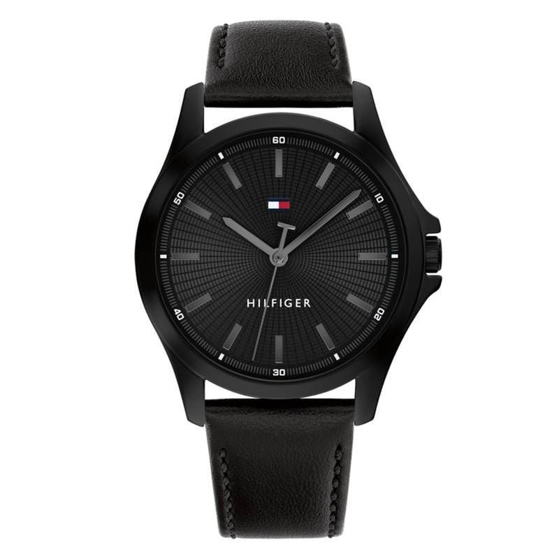 Montre Analogique TOMMY HILFIGER collection Bruce bracelet cuir noir en packshot