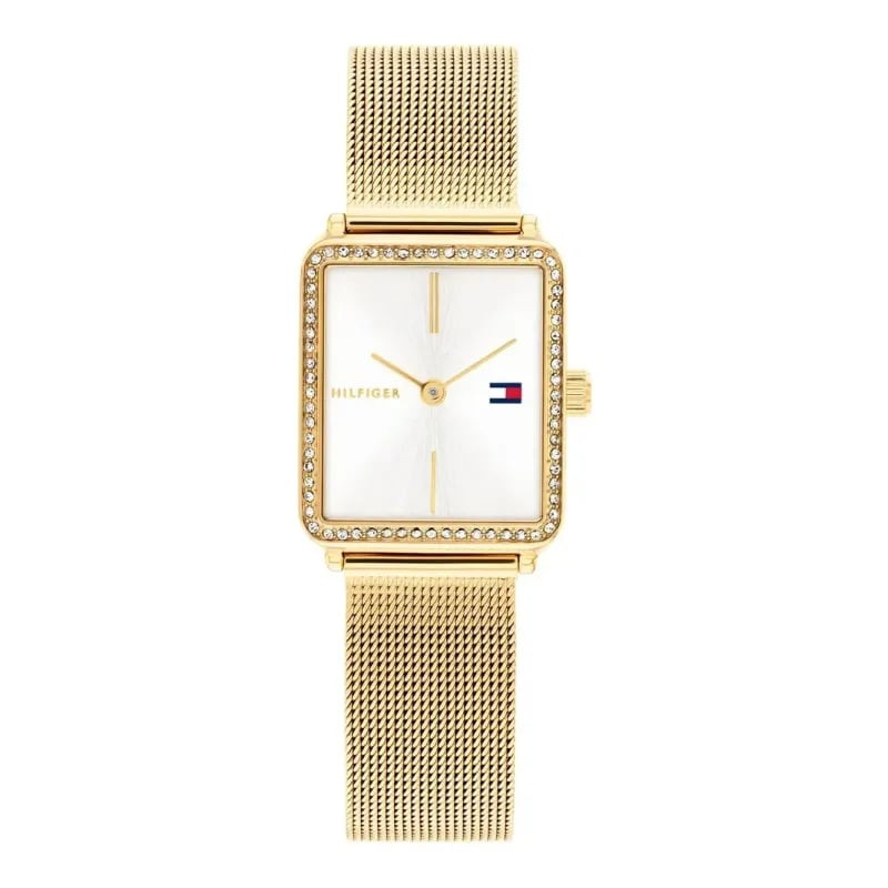 Montre Analogique TOMMY HILFIGER Collection Tea Tank Bracelet Acier Or, vue packshot sur fond blanc.