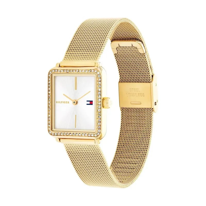 Montre Analogique TOMMY HILFIGER Collection Tea Tank Bracelet Acier Or sur packshot, cadran blanc et