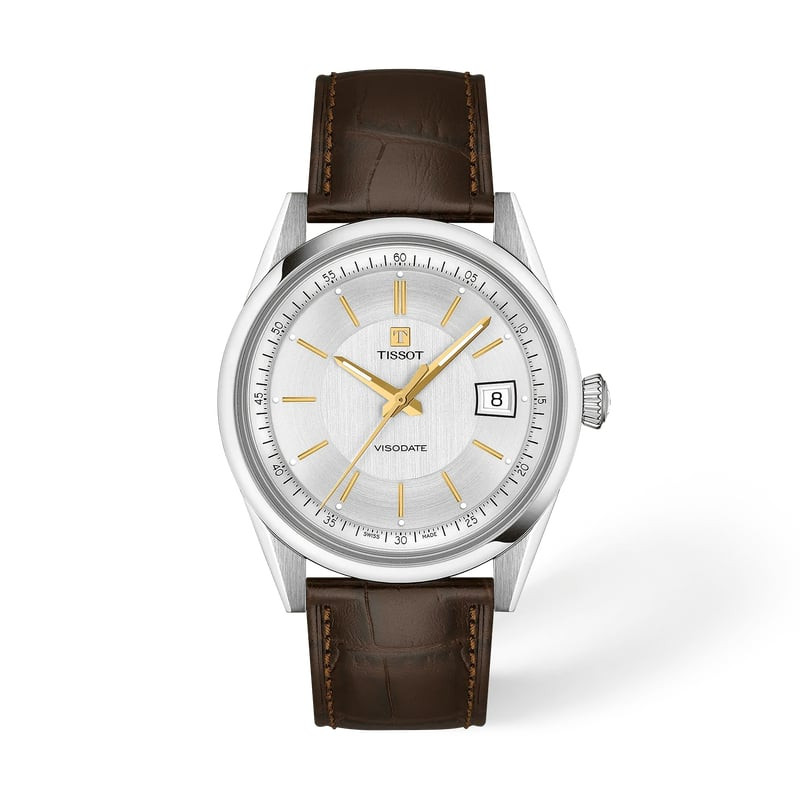 Packshot montre Tissot Visodate 39mm, cadran argenté, index dorés, bracelet cuir croco marron, boîti