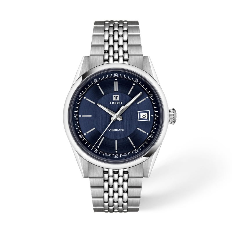 Montre Automatique TISSOT Collection Visodate bracelet acier gris en packshot sur fond neutre