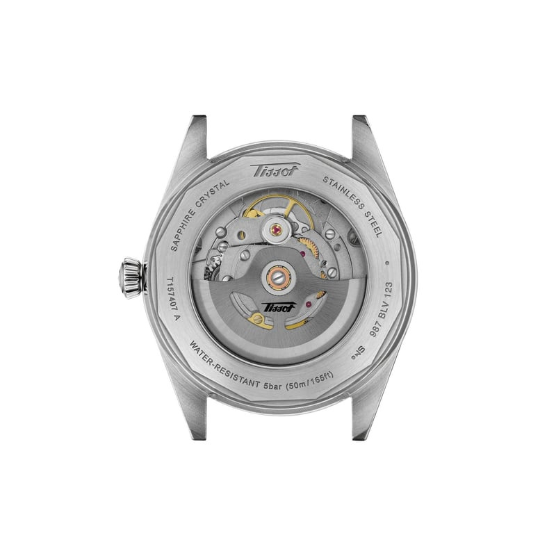 Détail du cadran bleu de la Montre Automatique TISSOT Collection Visodate bracelet acier gris