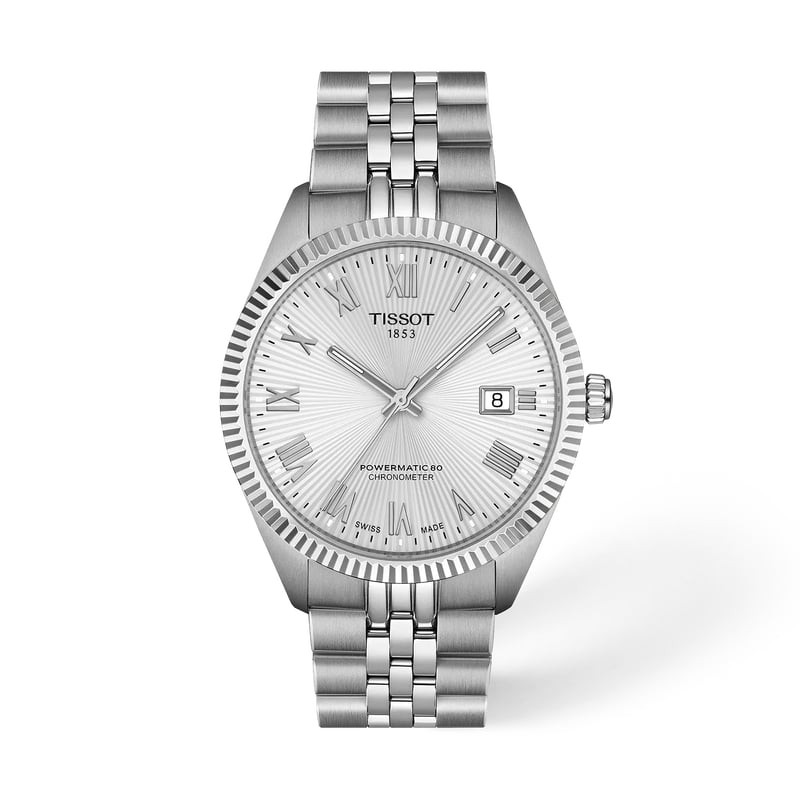 Packshot de la Montre Automatique TISSOT Collection Ballade bracelet acier gris.