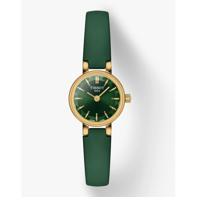Montre Analogique TISSOT Collection Lovely Round bracelet cuir vert, vue packshot.