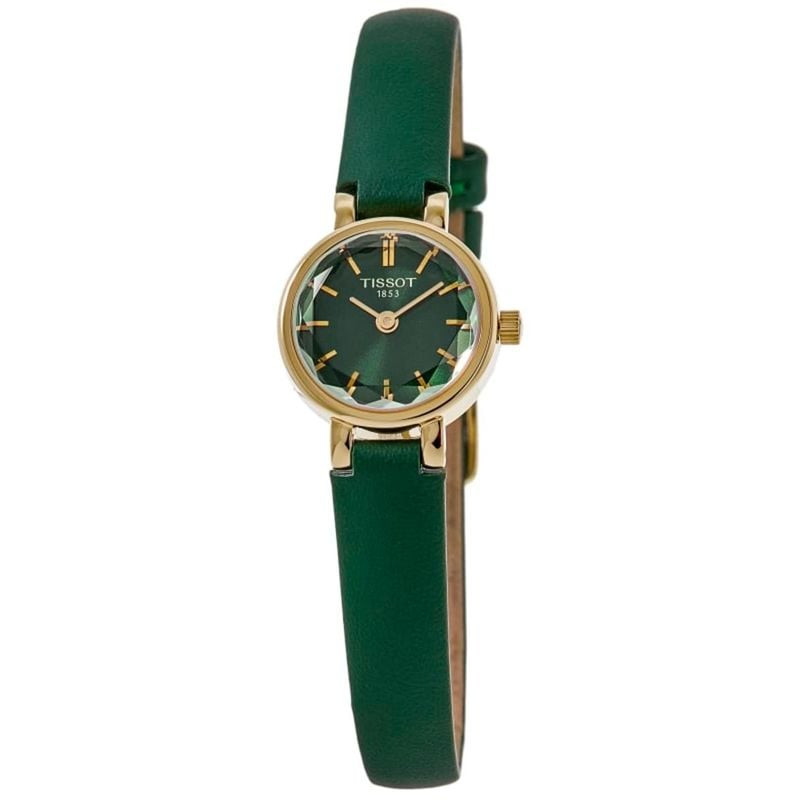 Packshot de la montre TISSOT Collection Lovely Round avec bracelet cuir vert.