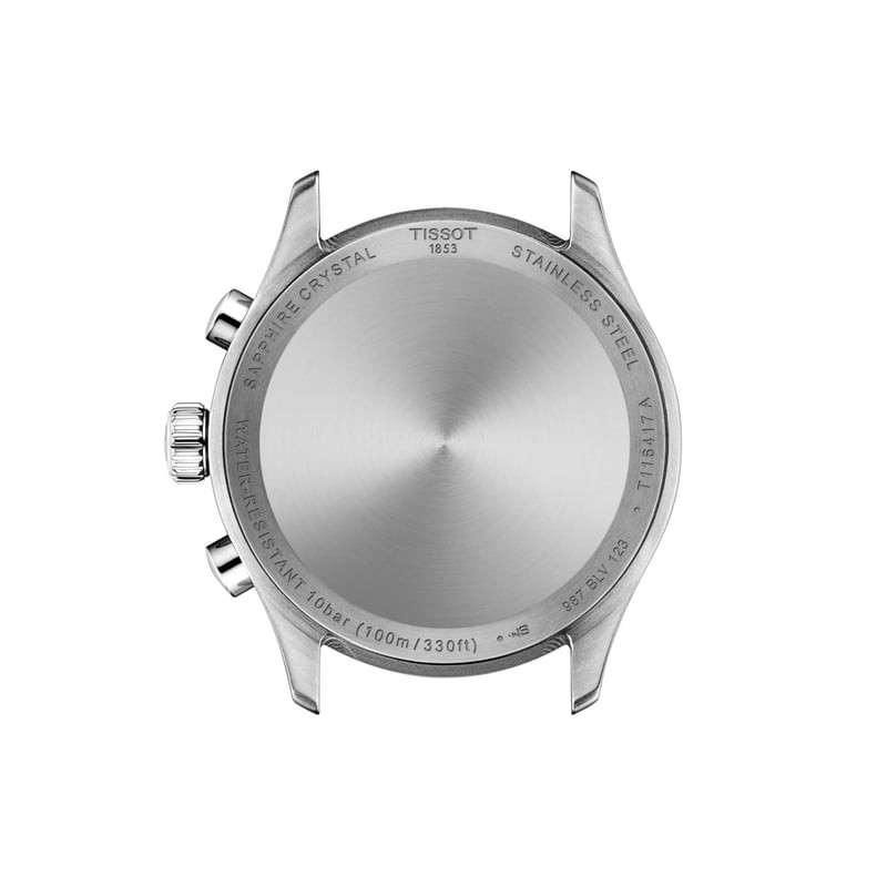 Montre Quartz TISSOT Chronographe bracelet acier gris en détail avec cadran bleu