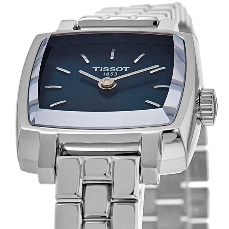 Montre Quartz TISSOT Collection Lovely Square bracelet acier gris – vue détaillée du cadran bleu et 