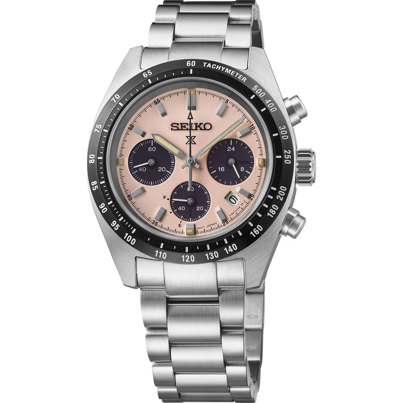Montre Solaire Seiko Collection Prospex Speedtimer bracelet acier, vue packshot, cadran rose.