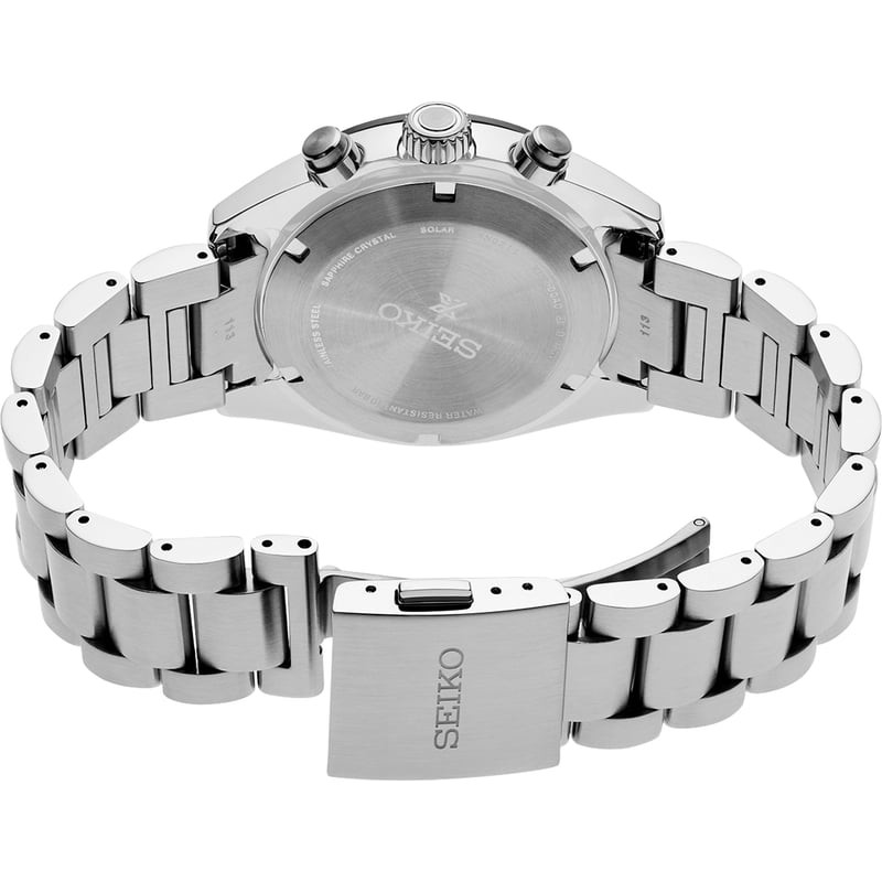 Packshot de la Montre Solaire Seiko Collection Prospex Speedtimer bracelet acier avec cadran rose.