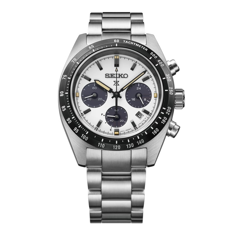Vue latérale de la montre Seiko Prospex Speedtimer Solar 2094876 avec boîtier en acier, poussoirs et